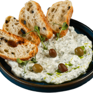 Tzatziki with olives and toasts